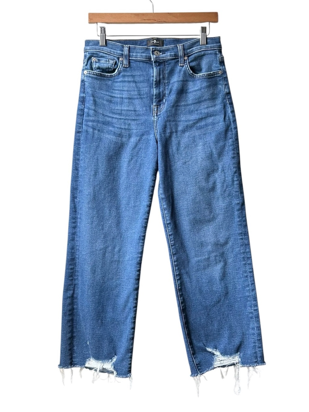 7 For All Mankind Blue Cropped Alexa Jeans Raw Hem Distressed Straight Leg Sz 30